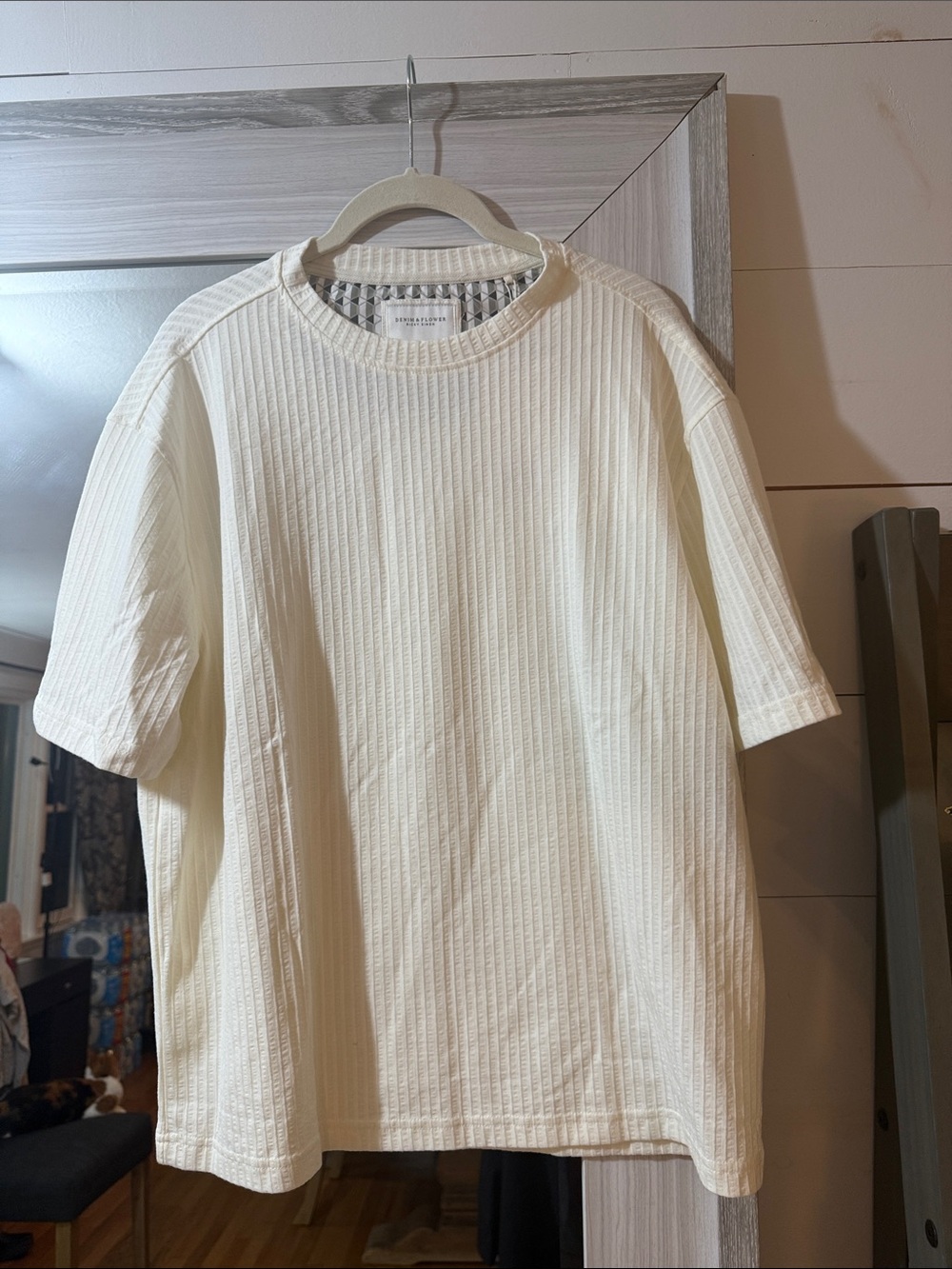 Denim & Flower Cream Ribbed Short Sleeve Top
